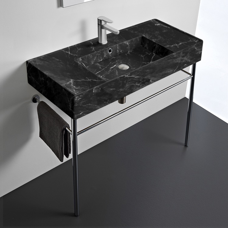 Scarabeo 5124-G-CON Black Marble Design Console Sink and Polished Chrome Stand, 40 Inch